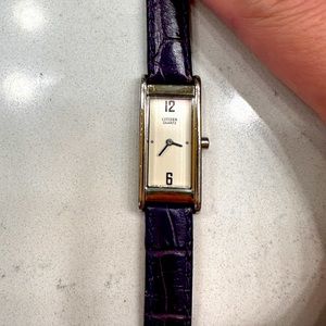 Citizen purple crocs leather strap silver trunk style mini